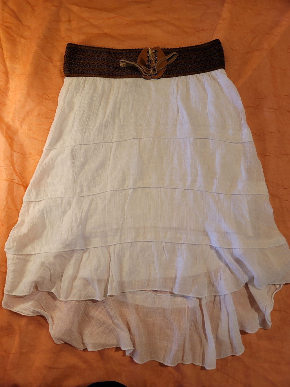 Women’s White Tiered Boho Skirt with Brown Crochet Waistband